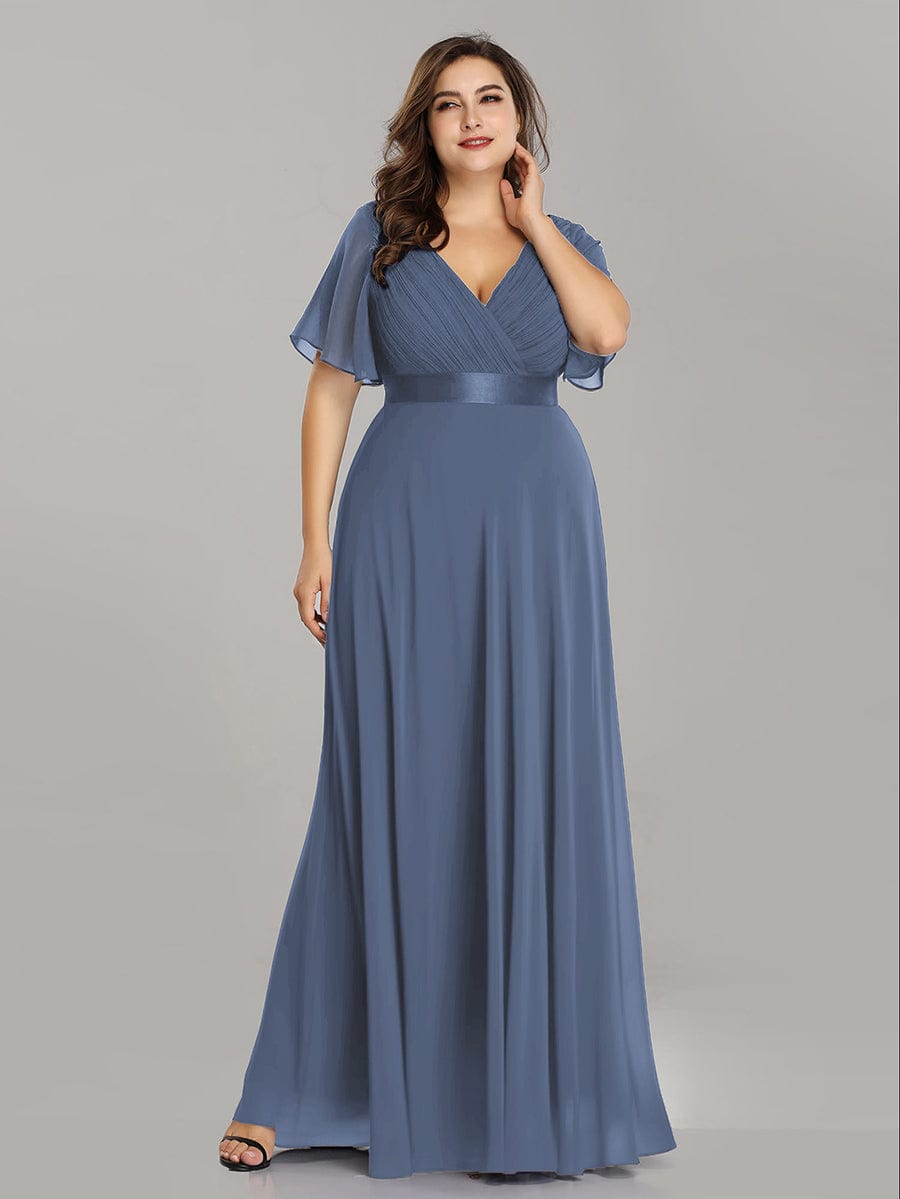 Long Empire Waist Bridesmaid Dress with Short Flutter Sleeves #color_Dusty Blue