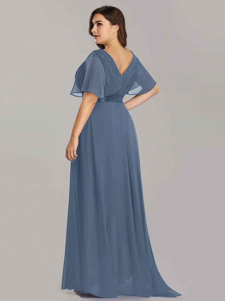 Long Empire Waist Bridesmaid Dress with Short Flutter Sleeves #color_Dusty Navy