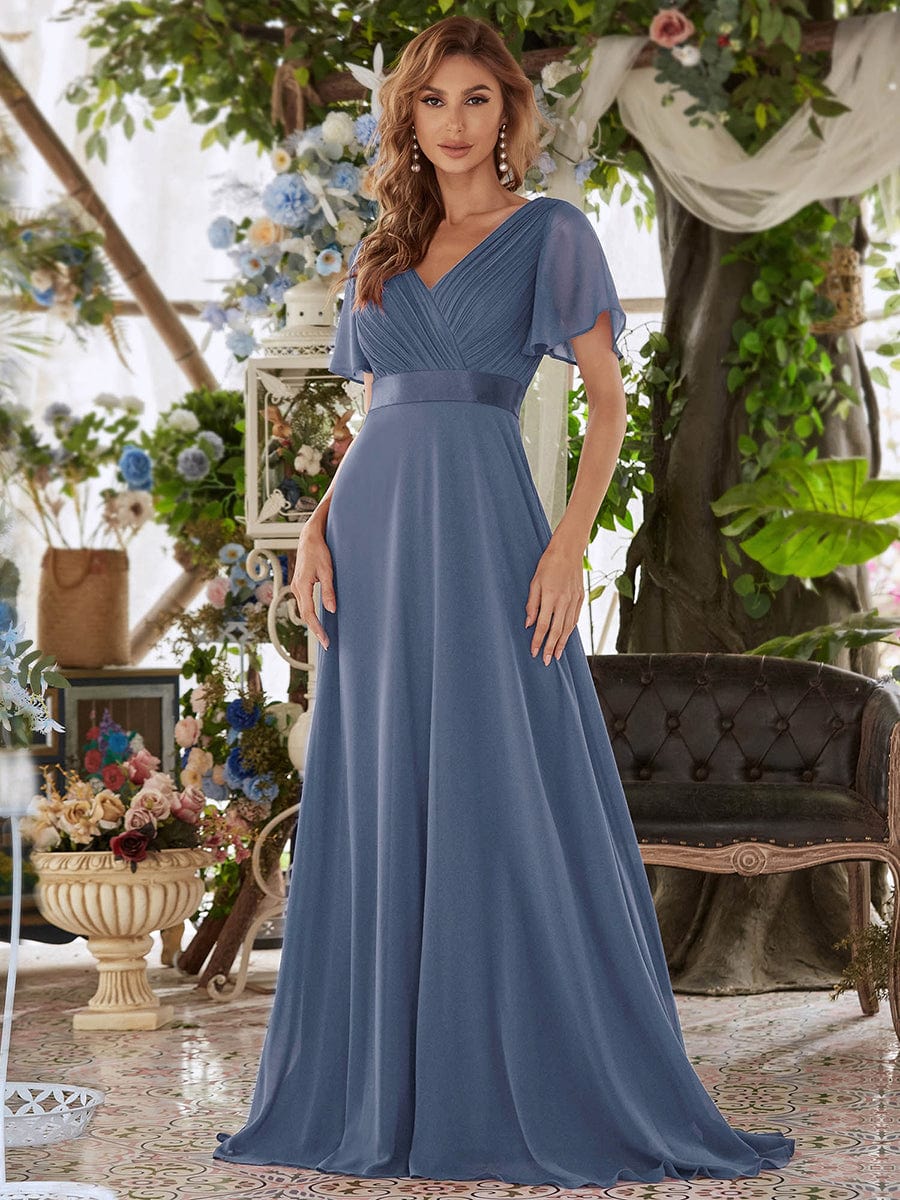 Long Empire Waist Bridesmaid Dress with Short Flutter Sleeves #color_Dusty Blue