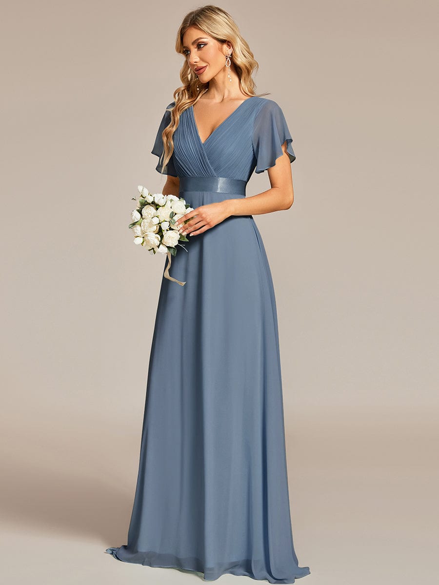 Long Empire Waist Bridesmaid Dress with Short Flutter Sleeves #color_Dusty Navy