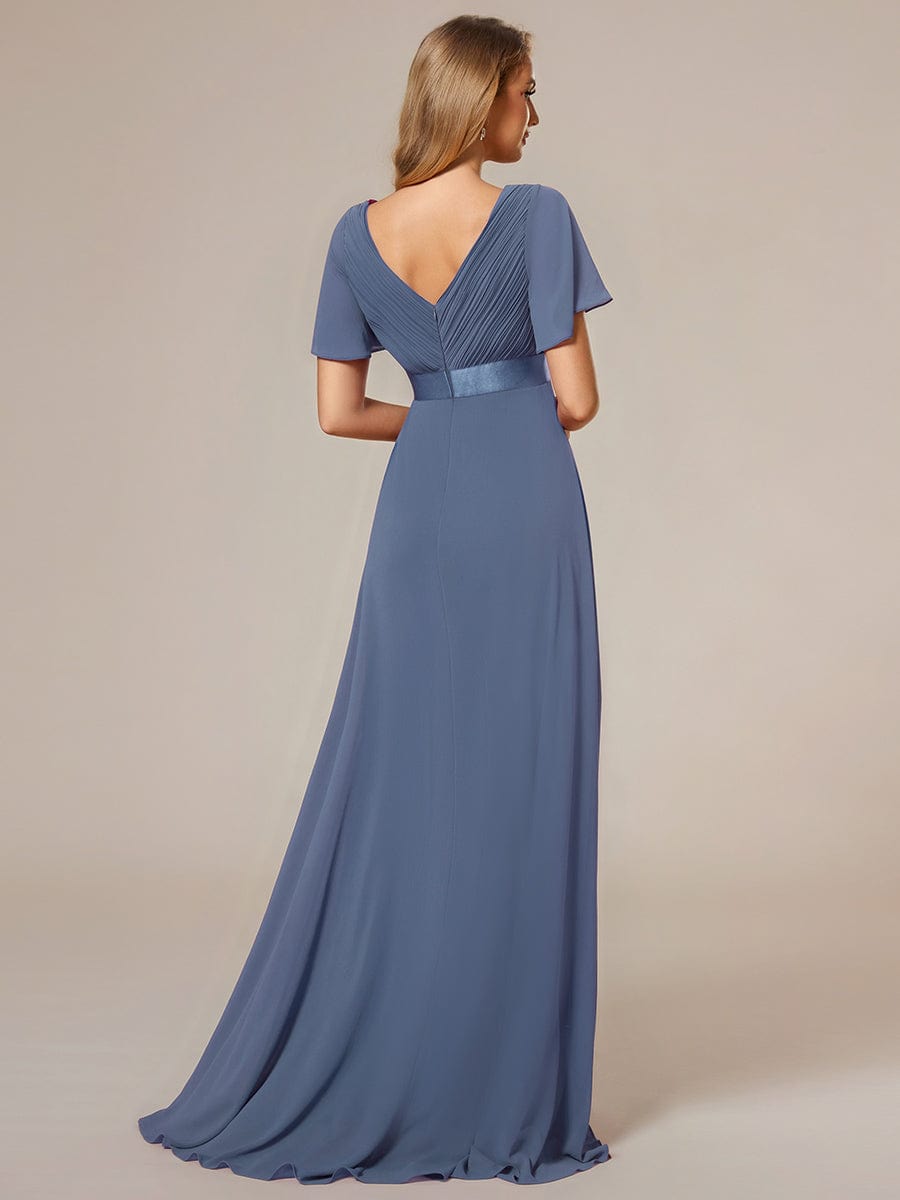 Long Empire Waist Bridesmaid Dress with Short Flutter Sleeves #color_Dusty Blue