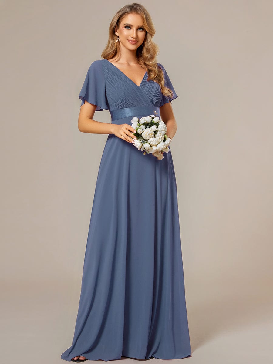 Long Empire Waist Bridesmaid Dress with Short Flutter Sleeves #color_Dusty Blue