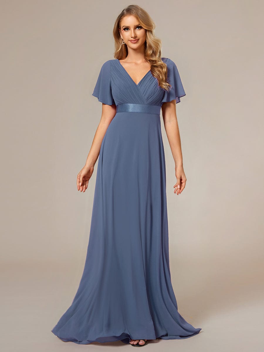 Long Empire Waist Bridesmaid Dress with Short Flutter Sleeves #color_Dusty Blue