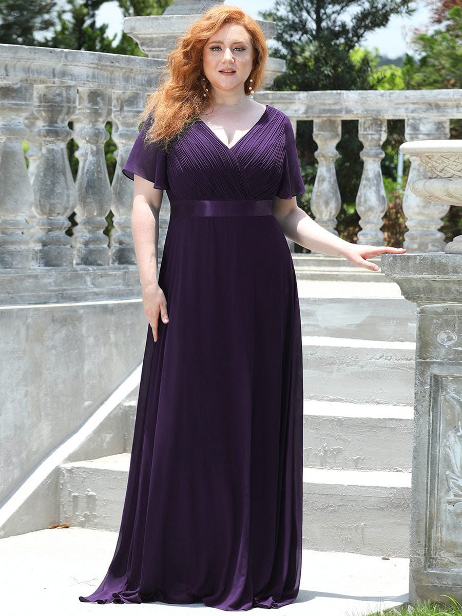 Plus Size Long Empire Waist Bridesmaid Dress with Short Flutter Sleeves #color_Dark Purple
