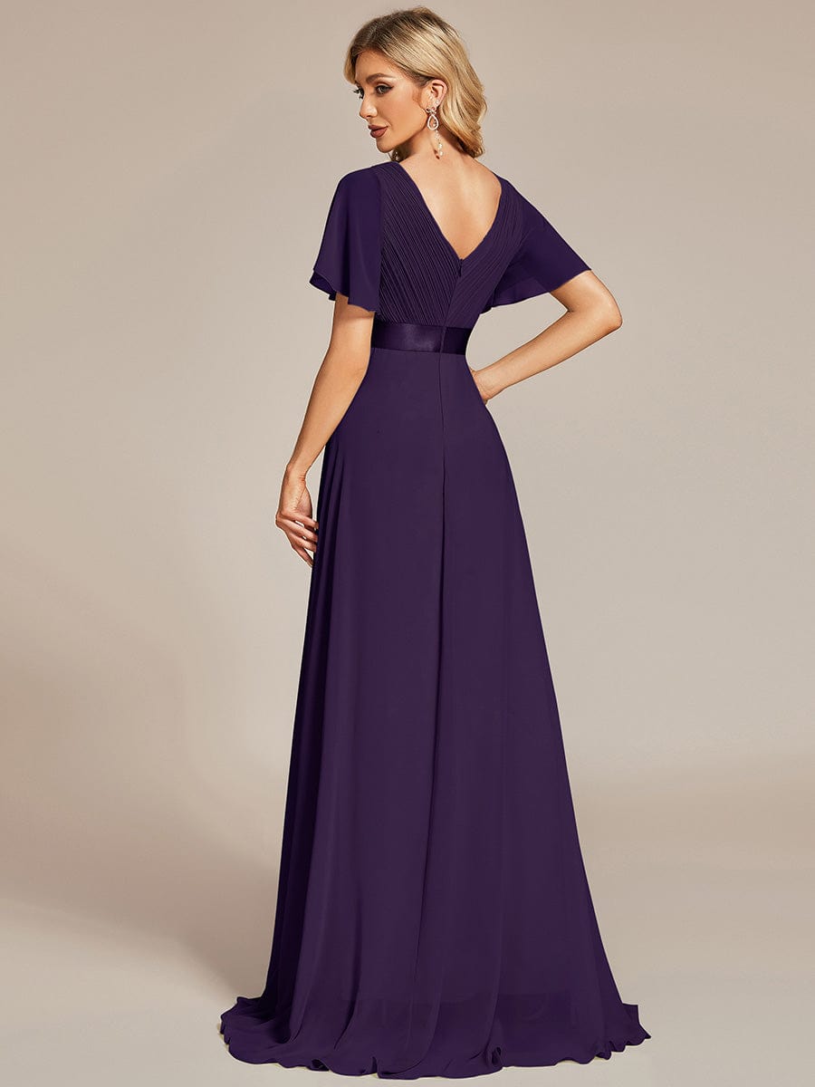 Long Empire Waist Bridesmaid Dress with Short Flutter Sleeves #color_Dark Purple