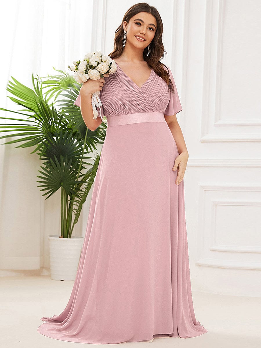 Long Empire Waist Bridesmaid Dress with Short Flutter Sleeves #color_Dusty Rose