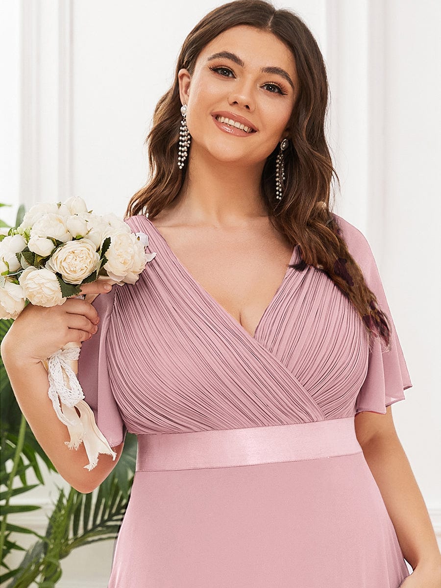 Plus Size Long Empire Waist Bridesmaid Dress with Short Flutter Sleeves #color_Dusty Rose