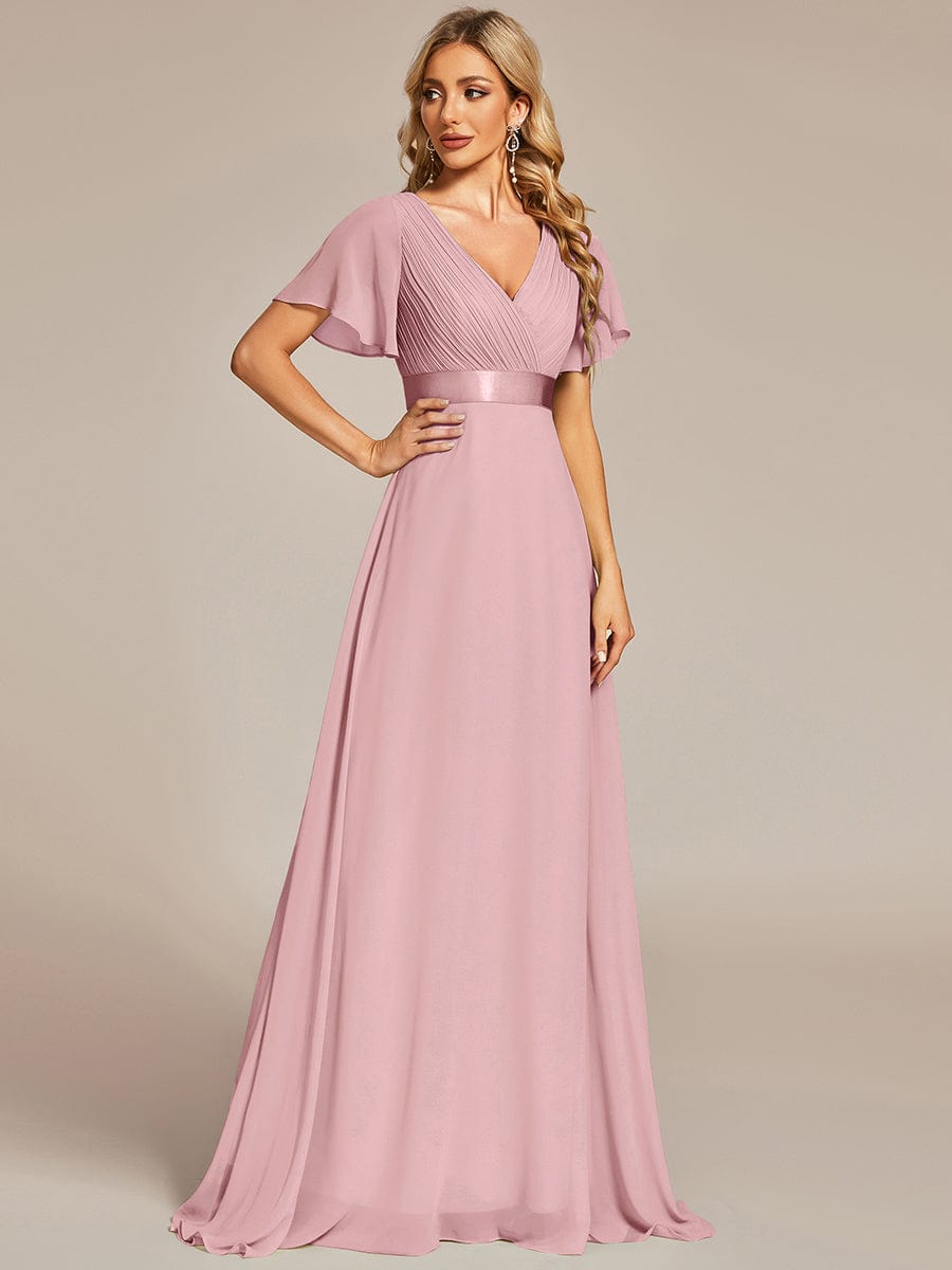 Long Empire Waist Bridesmaid Dress with Short Flutter Sleeves #color_Dusty Rose