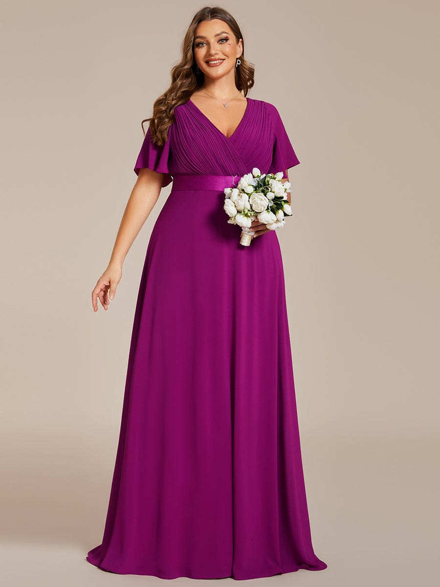 Plus Size Long Empire Waist Bridesmaid Dress with Short Flutter Sleeves #color_Fuchsia