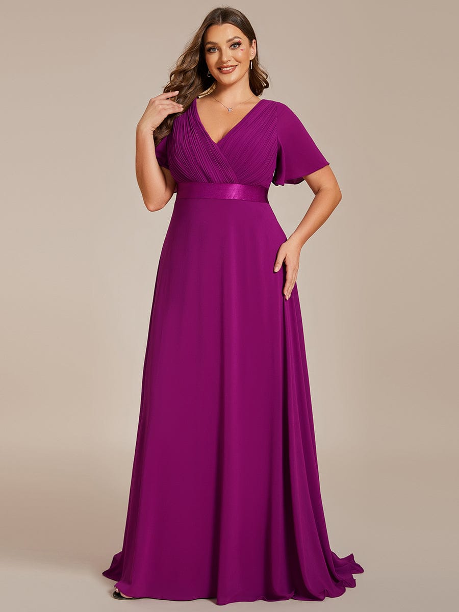 Plus Size Long Empire Waist Bridesmaid Dress with Short Flutter Sleeves #color_Fuchsia