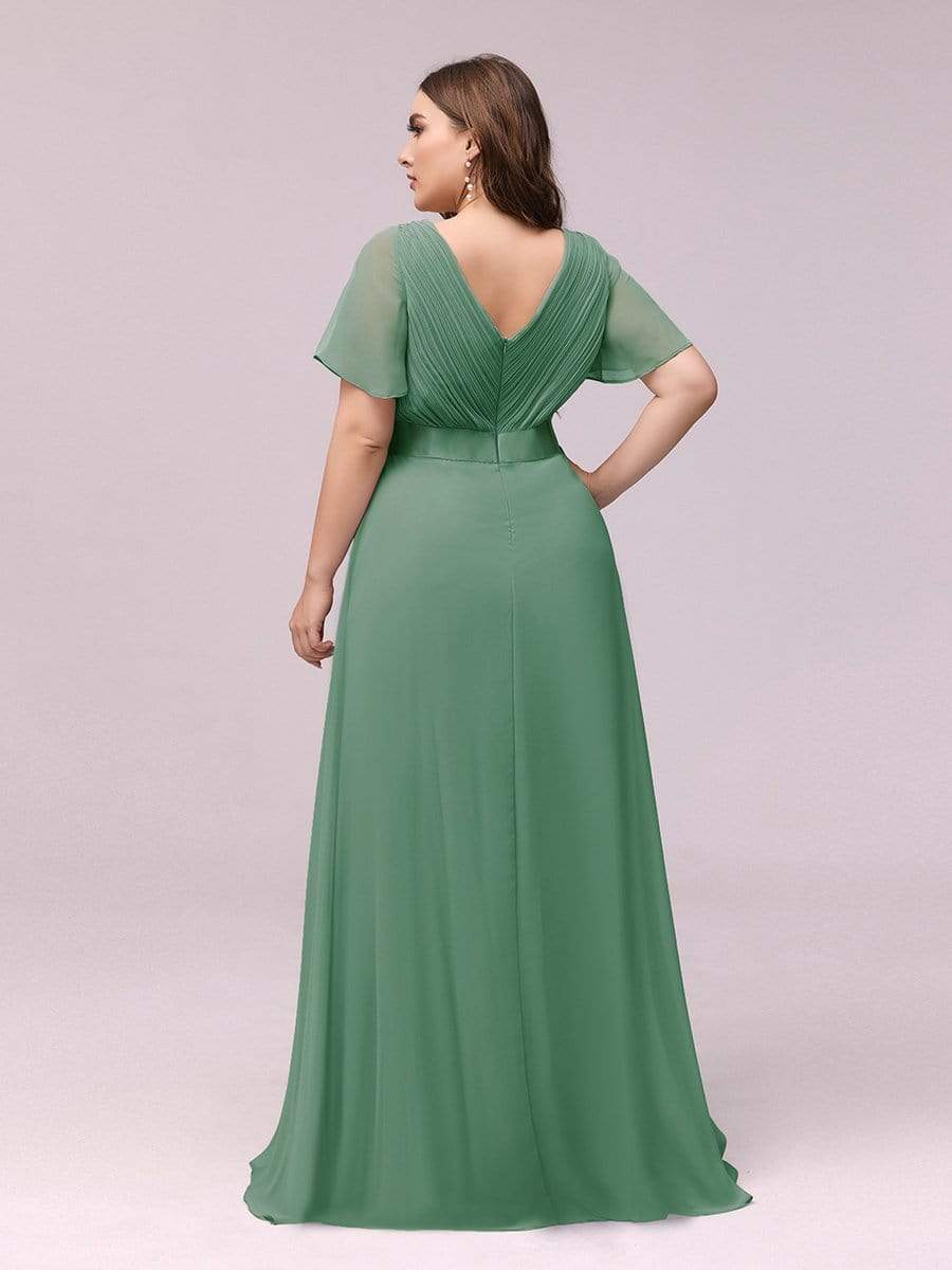 Plus Size Long Empire Waist Bridesmaid Dress with Short Flutter Sleeves #color_Green Bean