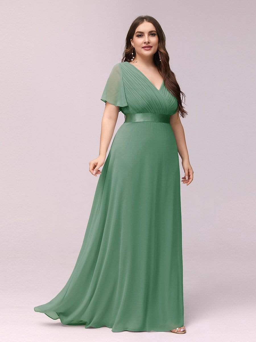 Plus Size Long Empire Waist Bridesmaid Dress with Short Flutter Sleeves #color_Green Bean