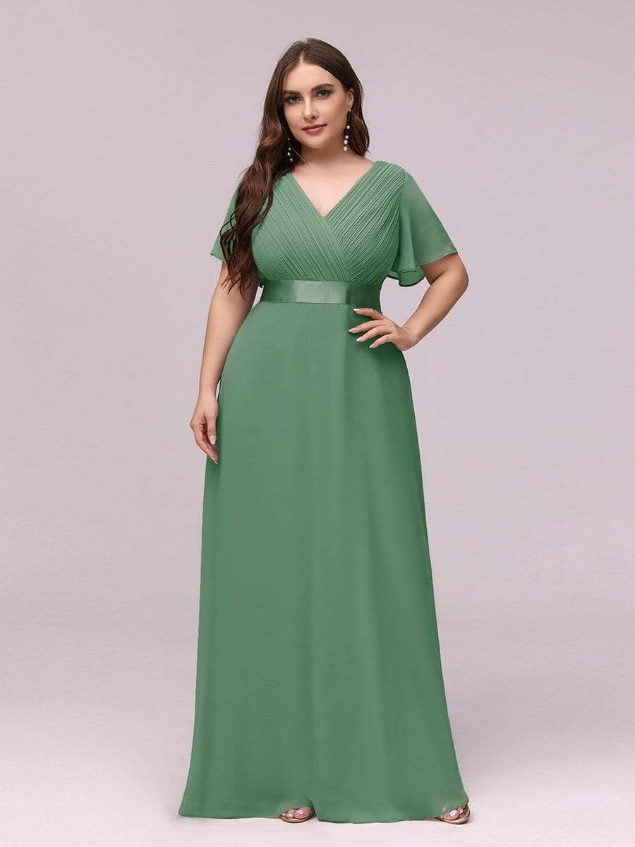 Plus Size Long Empire Waist Bridesmaid Dress with Short Flutter Sleeves #color_Green Bean