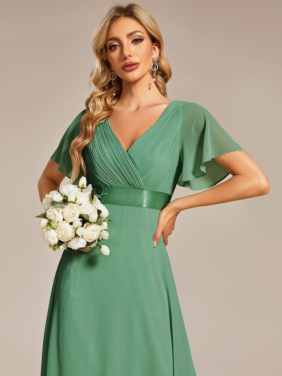 Long Empire Waist Bridesmaid Dress with Short Flutter Sleeves #color_Green Bean