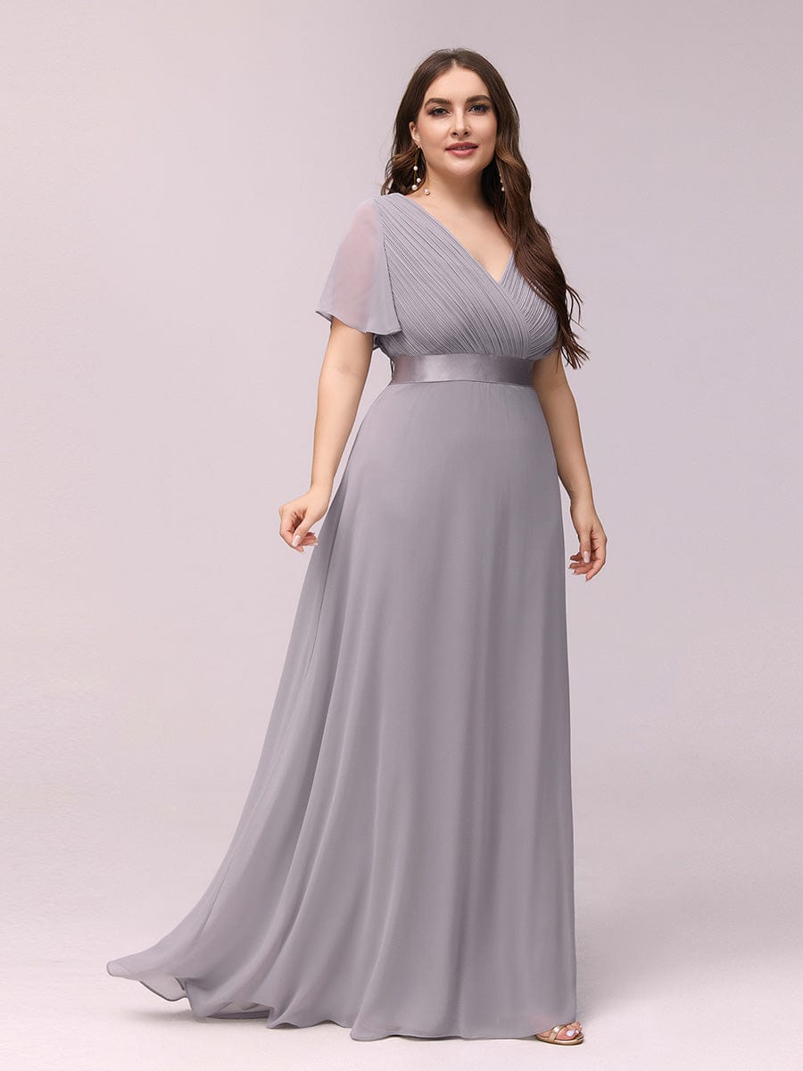Plus Size Long Empire Waist Bridesmaid Dress with Short Flutter Sleeves #color_Grey