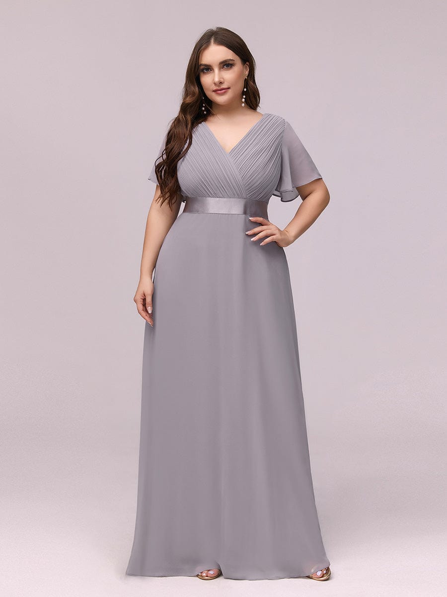 Long Empire Waist Bridesmaid Dress with Short Flutter Sleeves #color_Grey