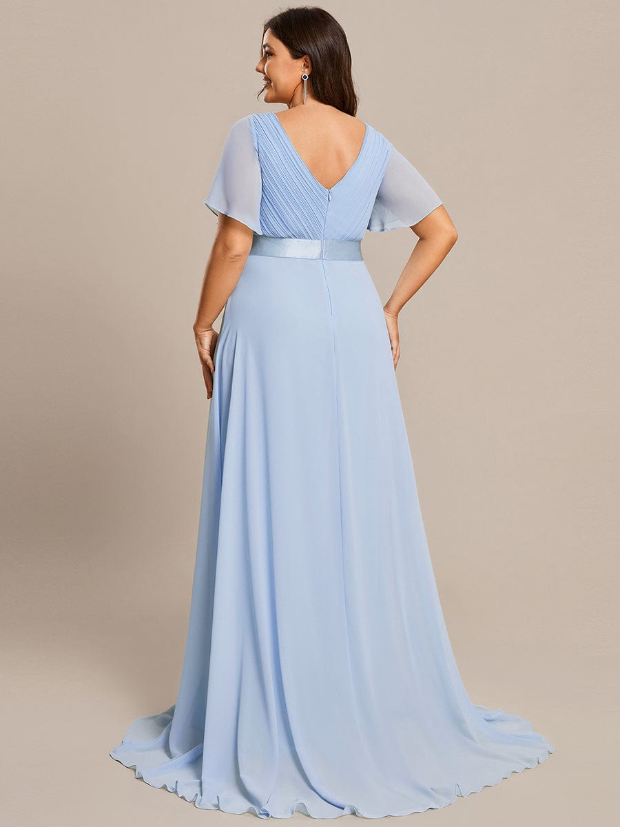Plus Size Long Empire Waist Bridesmaid Dress with Short Flutter Sleeves #color_Ice Blue