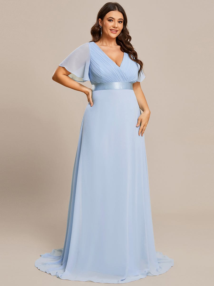 Plus Size Long Empire Waist Bridesmaid Dress with Short Flutter Sleeves #color_Ice Blue