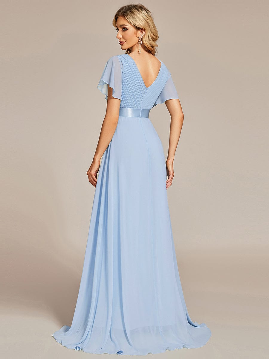 Long Empire Waist Bridesmaid Dress with Short Flutter Sleeves #color_Ice Blue