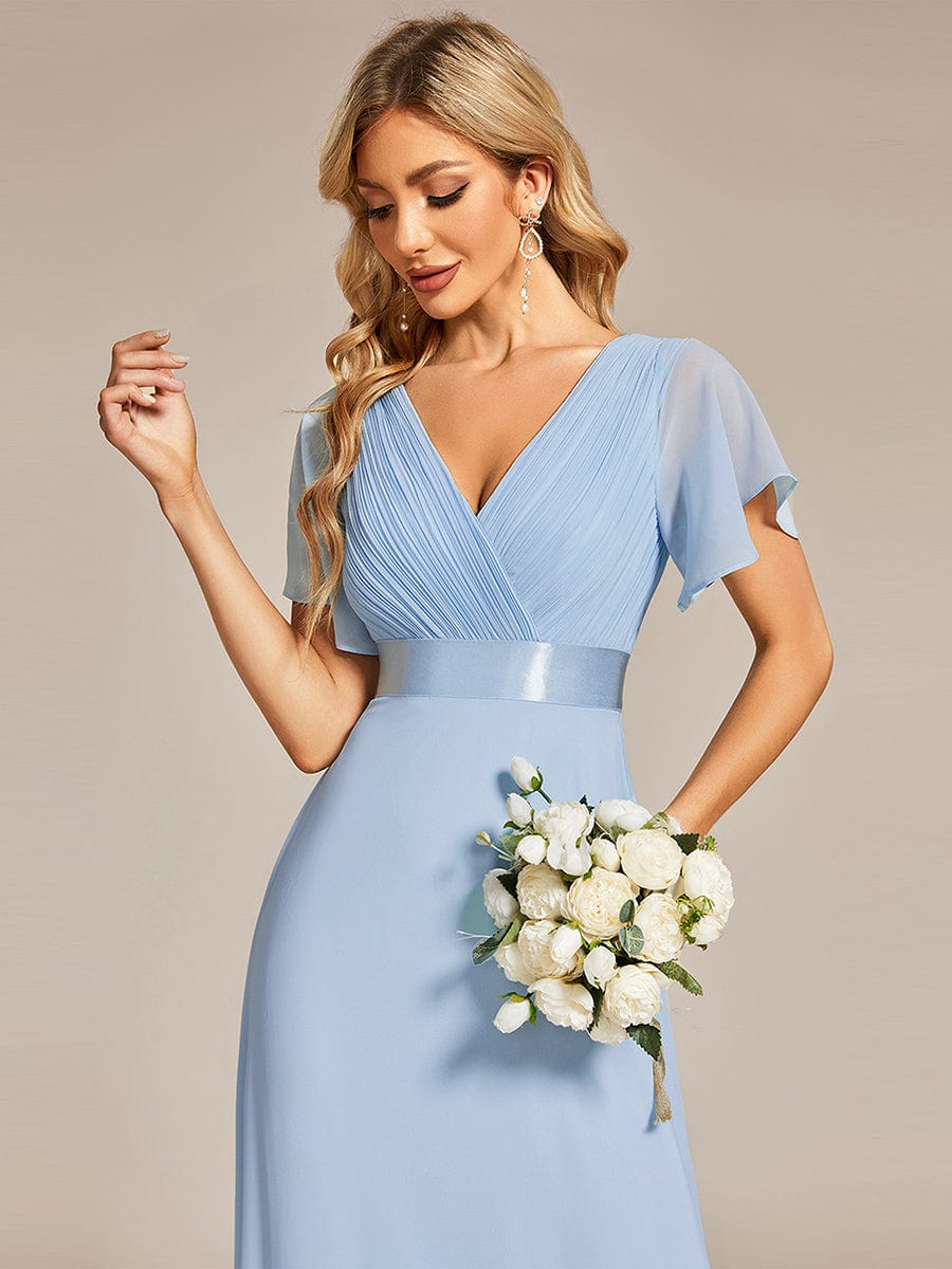 Long Empire Waist Bridesmaid Dress with Short Flutter Sleeves #color_Ice Blue