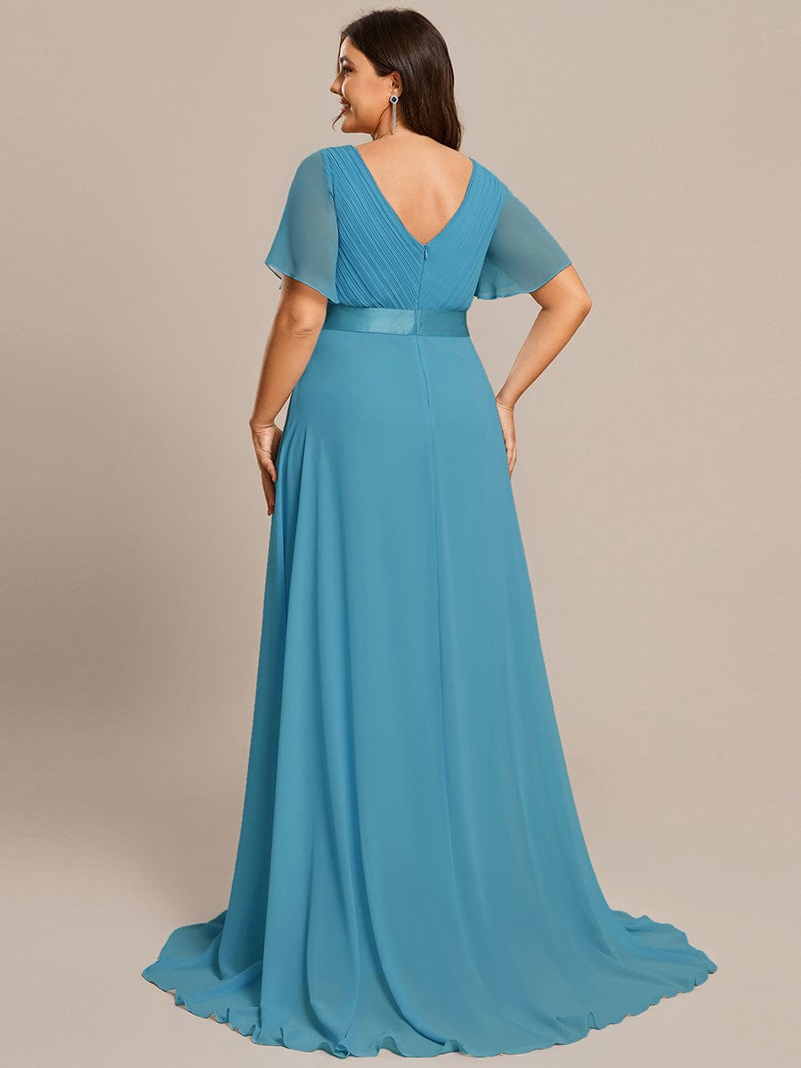 Custom Size V-neck Empire Waist Maxi Bridesmaid Dress with Short Sleeves #color_Jade Blue