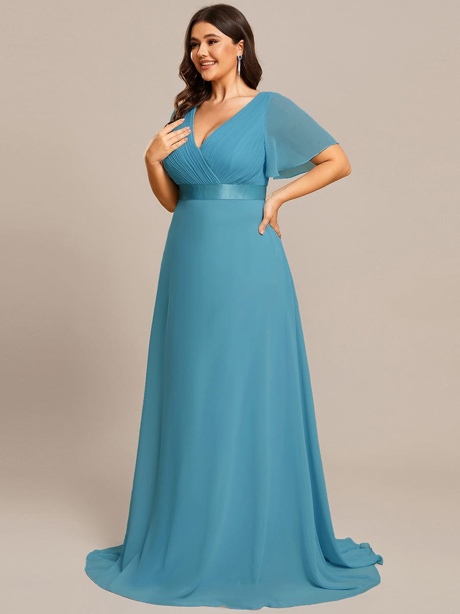 Custom Size V-neck Empire Waist Maxi Bridesmaid Dress with Short Sleeves #color_Jade Blue