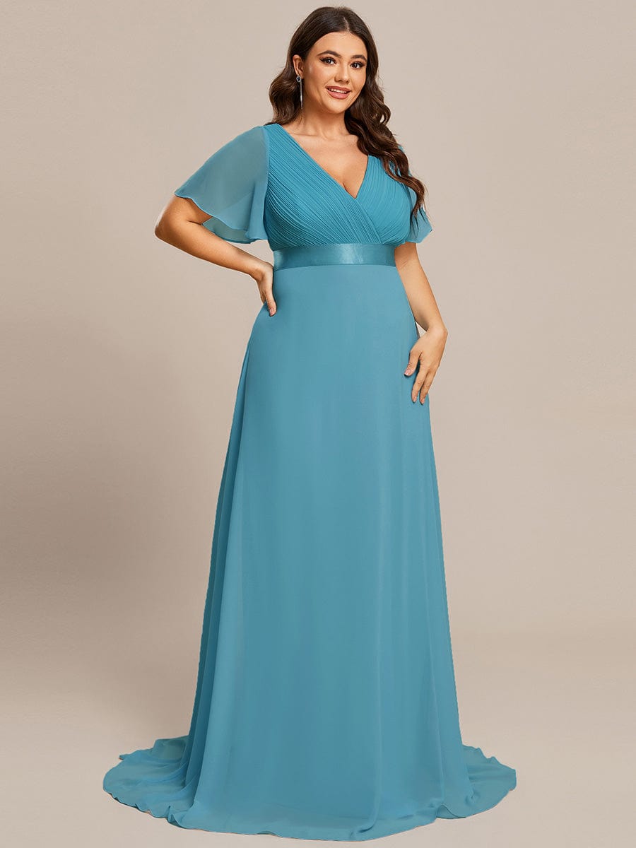 Plus Size Long Empire Waist Bridesmaid Dress with Short Flutter Sleeves #color_Jade Blue