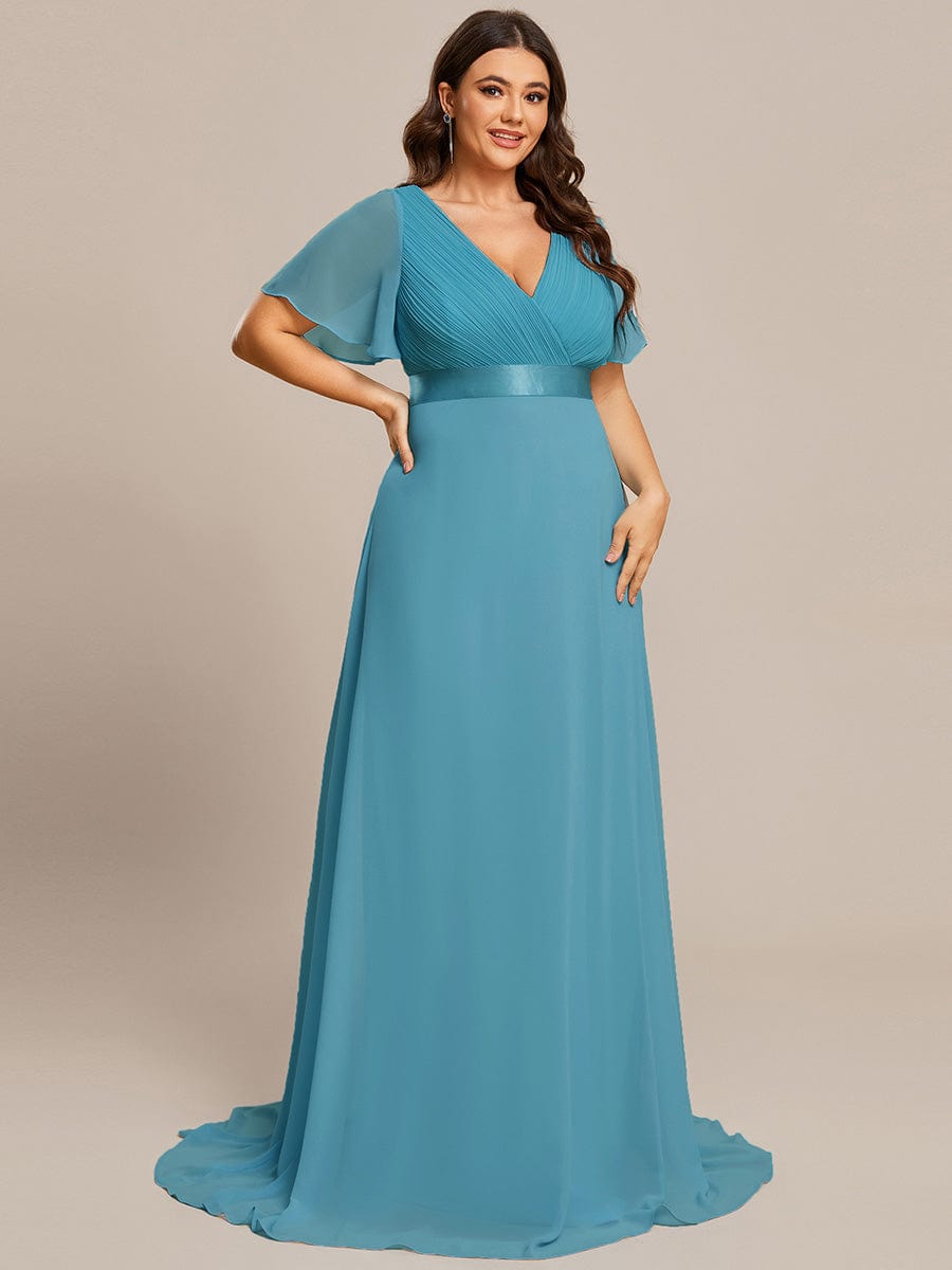 Custom Size V-neck Empire Waist Maxi Bridesmaid Dress with Short Sleeves #color_Jade Blue