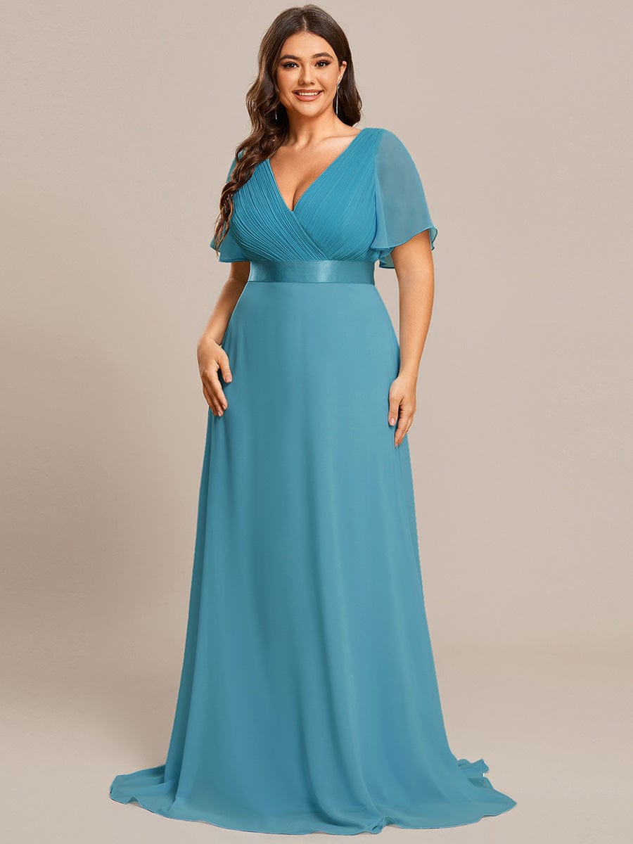 Custom Size V-neck Empire Waist Maxi Bridesmaid Dress with Short Sleeves #color_Jade Blue