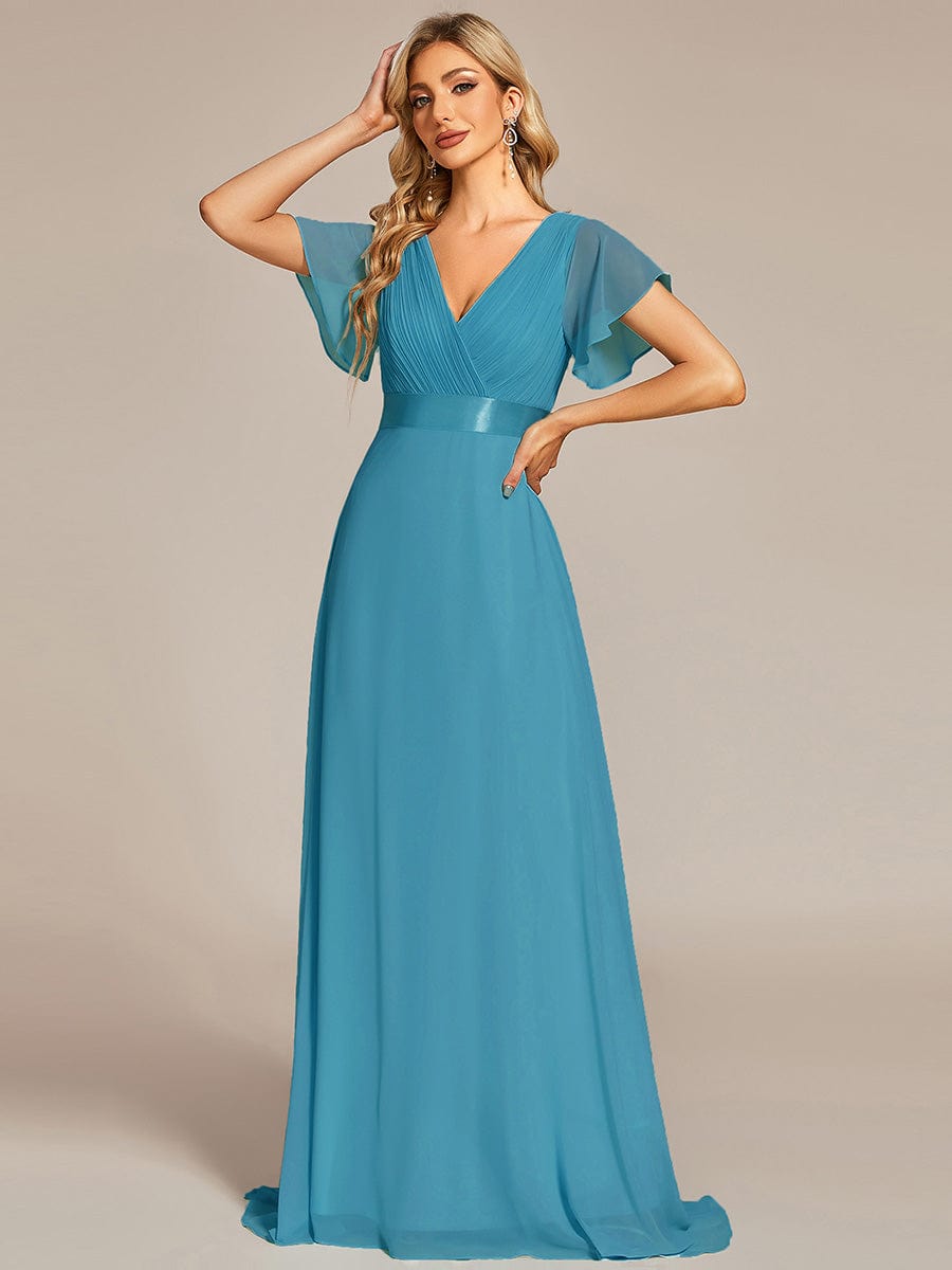 High Waist Short Sleeves Bridesmaid Dress #color_Jade Blue