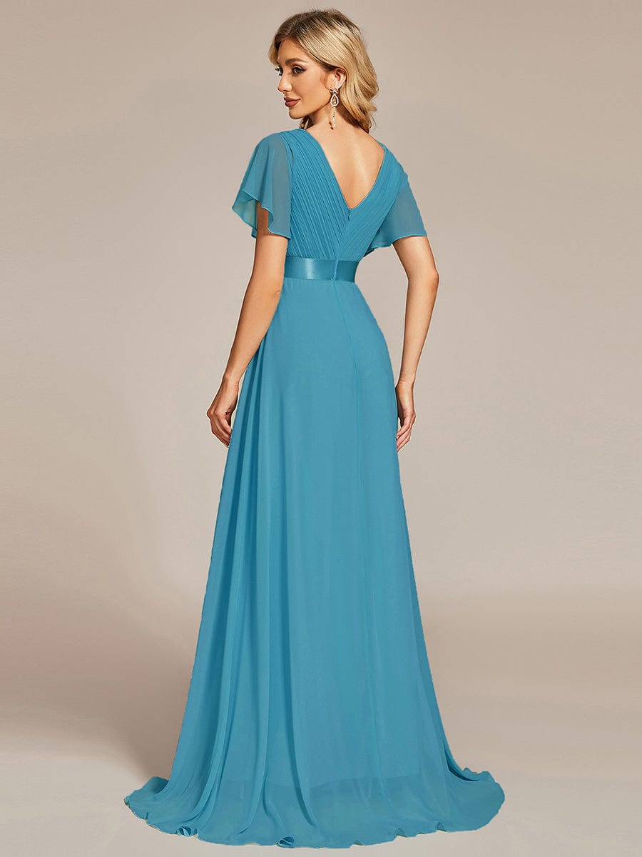 High Waist Short Sleeves Bridesmaid Dress #color_Jade Blue