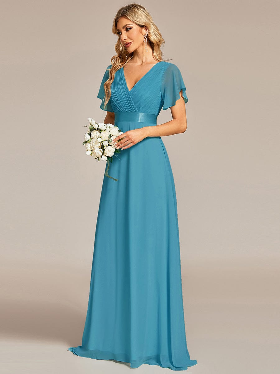 High Waist Short Sleeves Bridesmaid Dress #color_Jade Blue