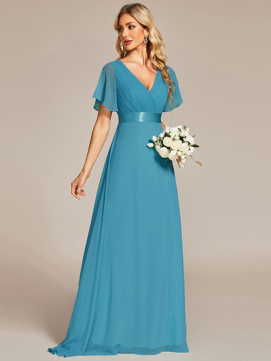 High Waist Short Sleeves Bridesmaid Dress #color_Jade Blue