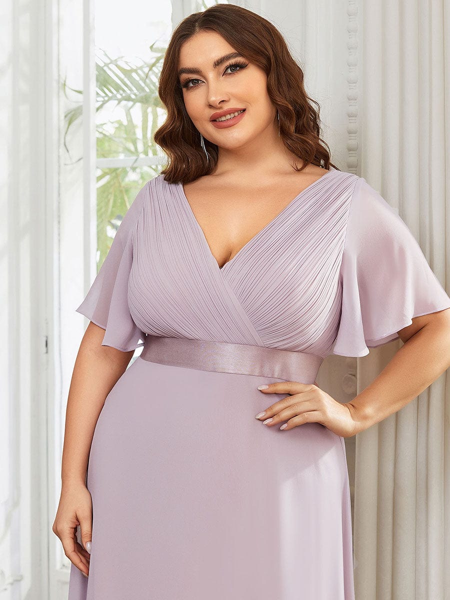 Plus Size Long Empire Waist Bridesmaid Dress with Short Flutter Sleeves #color_Lilac