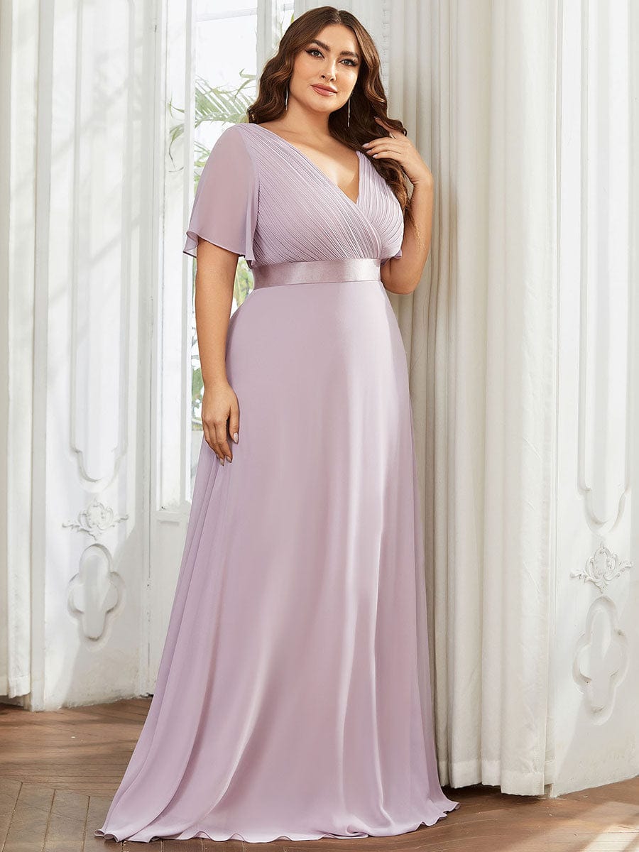 Long Empire Waist Bridesmaid Dress with Short Flutter Sleeves #color_Lilac