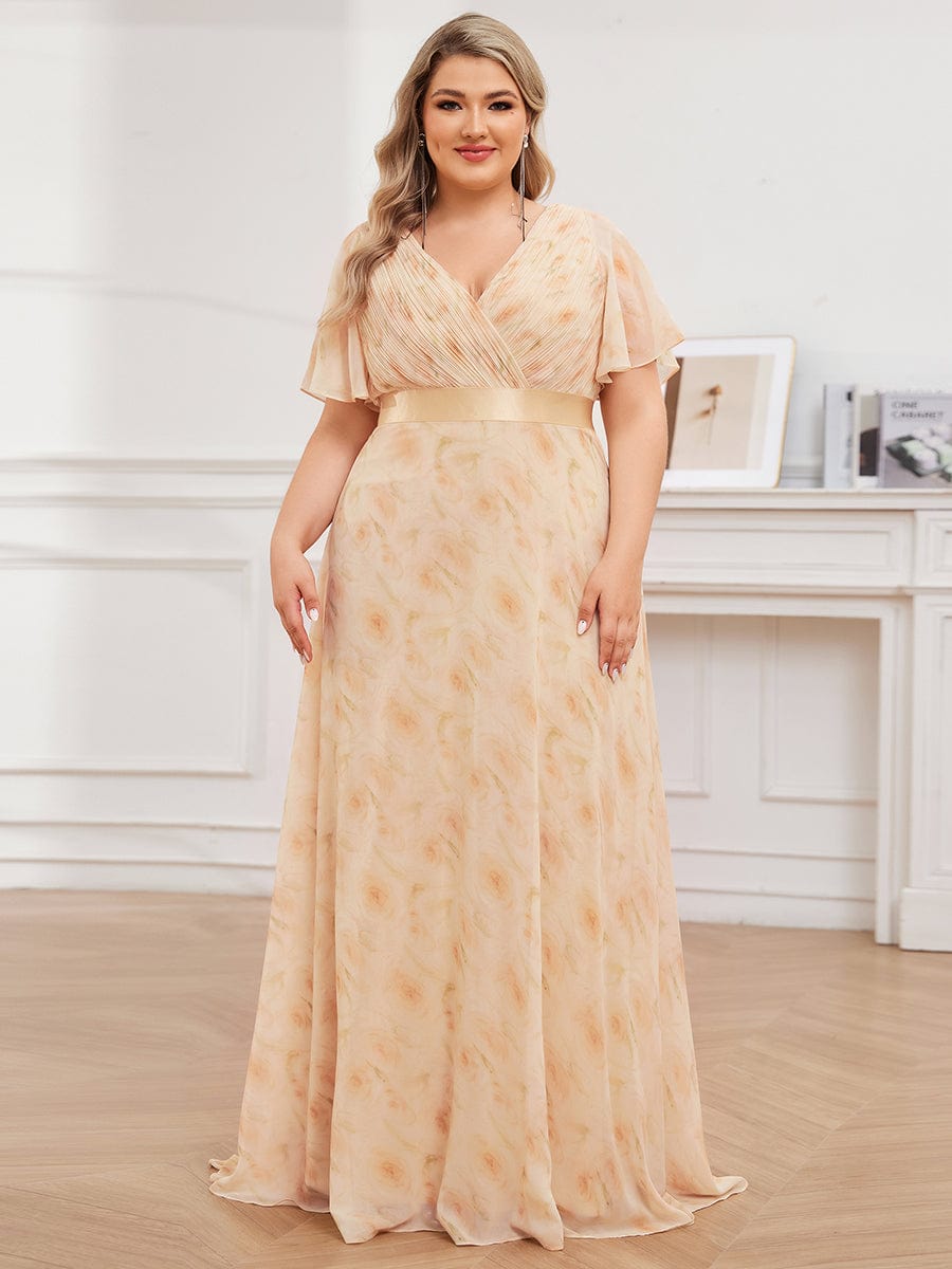 Plus Size Long Empire Waist Bridesmaid Dress with Short Flutter Sleeves #color_Golden Roses