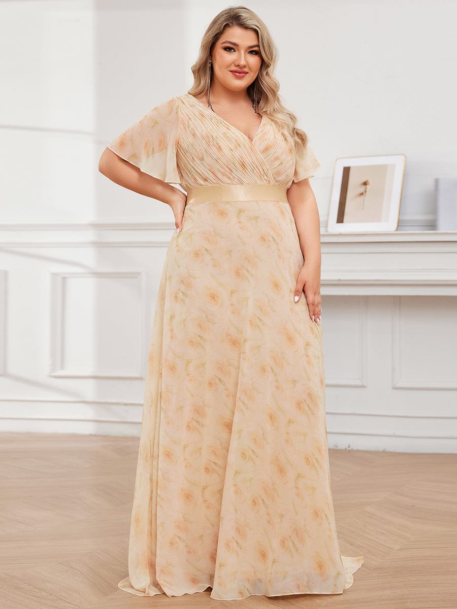 Plus Size Long Empire Waist Bridesmaid Dress with Short Flutter Sleeves #color_Golden Roses