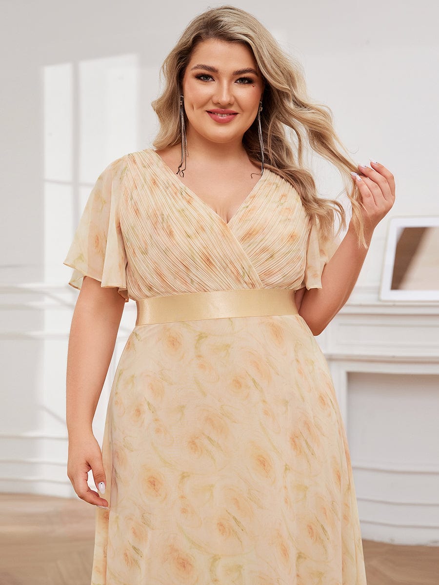 Plus Size Long Empire Waist Bridesmaid Dress with Short Flutter Sleeves #color_Golden Roses