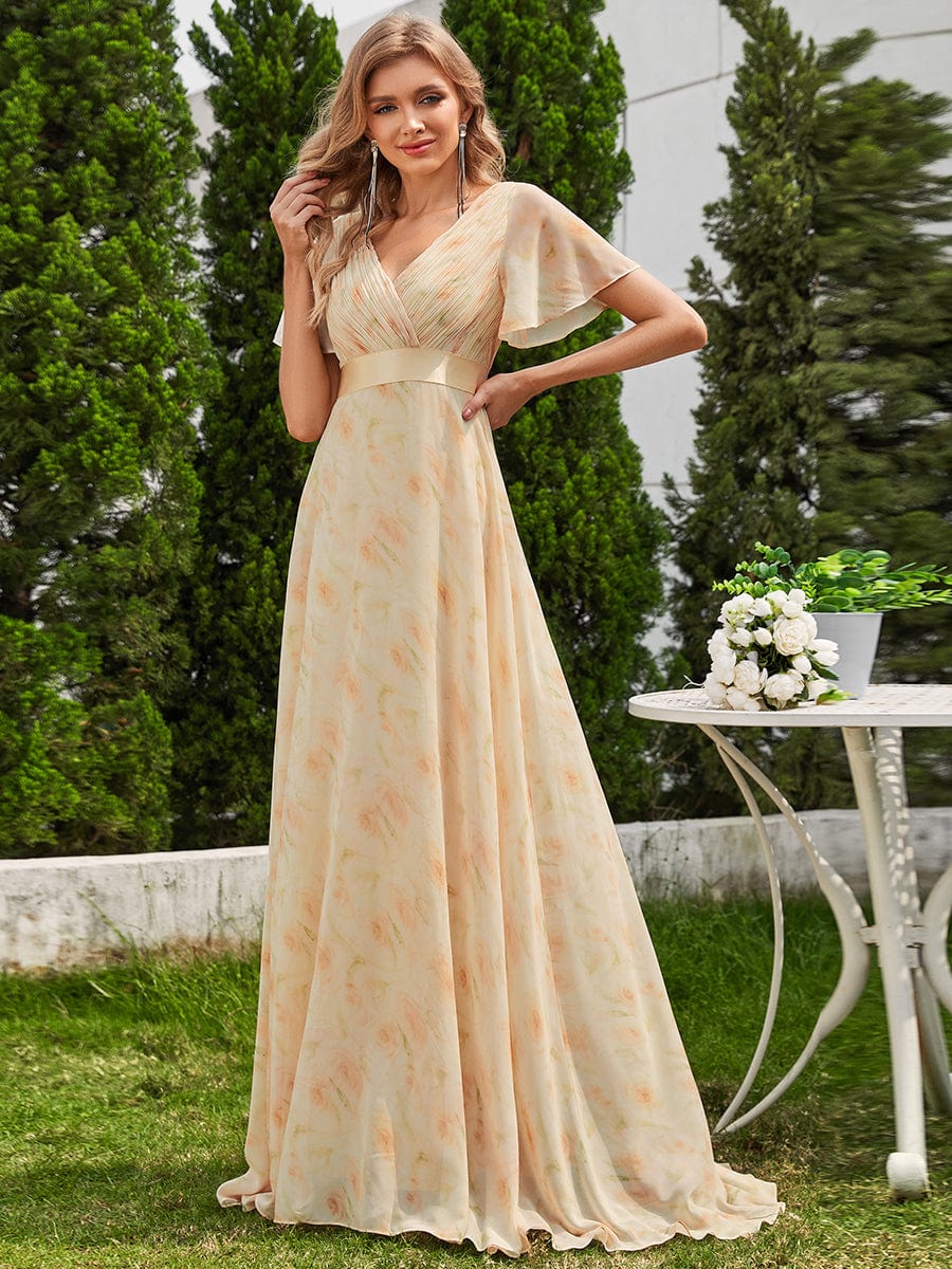 High Waist Short Sleeves Bridesmaid Dress #color_Golden Roses