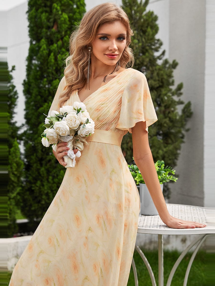 High Waist Short Sleeves Bridesmaid Dress #color_Golden Roses