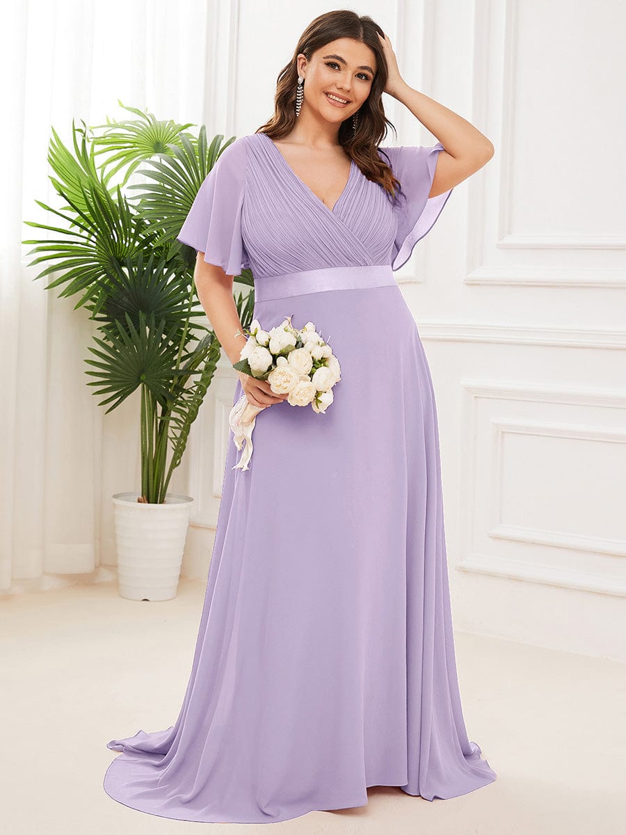 Plus Size Long Empire Waist Bridesmaid Dress with Short Flutter Sleeves #color_Lavender