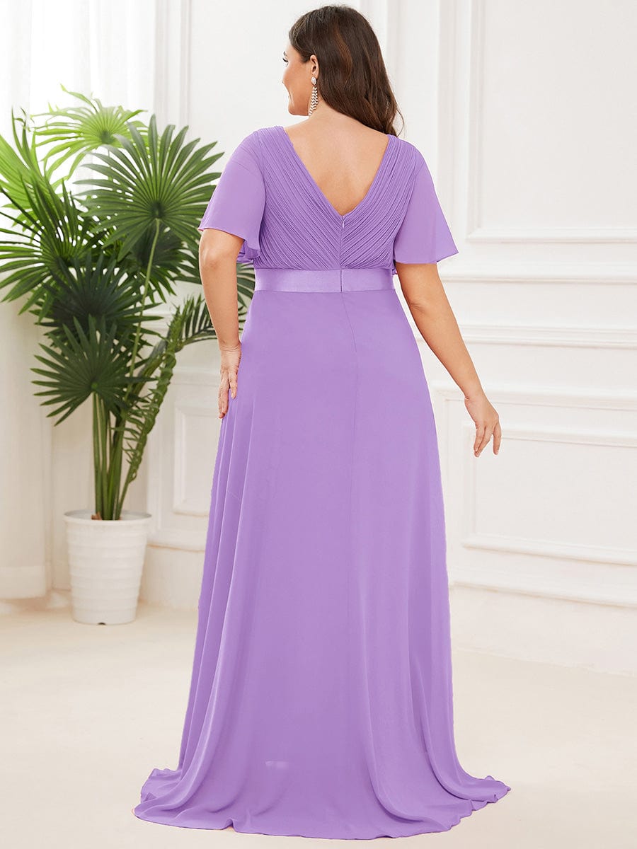 Long Empire Waist Bridesmaid Dress with Short Flutter Sleeves #color_Lavender