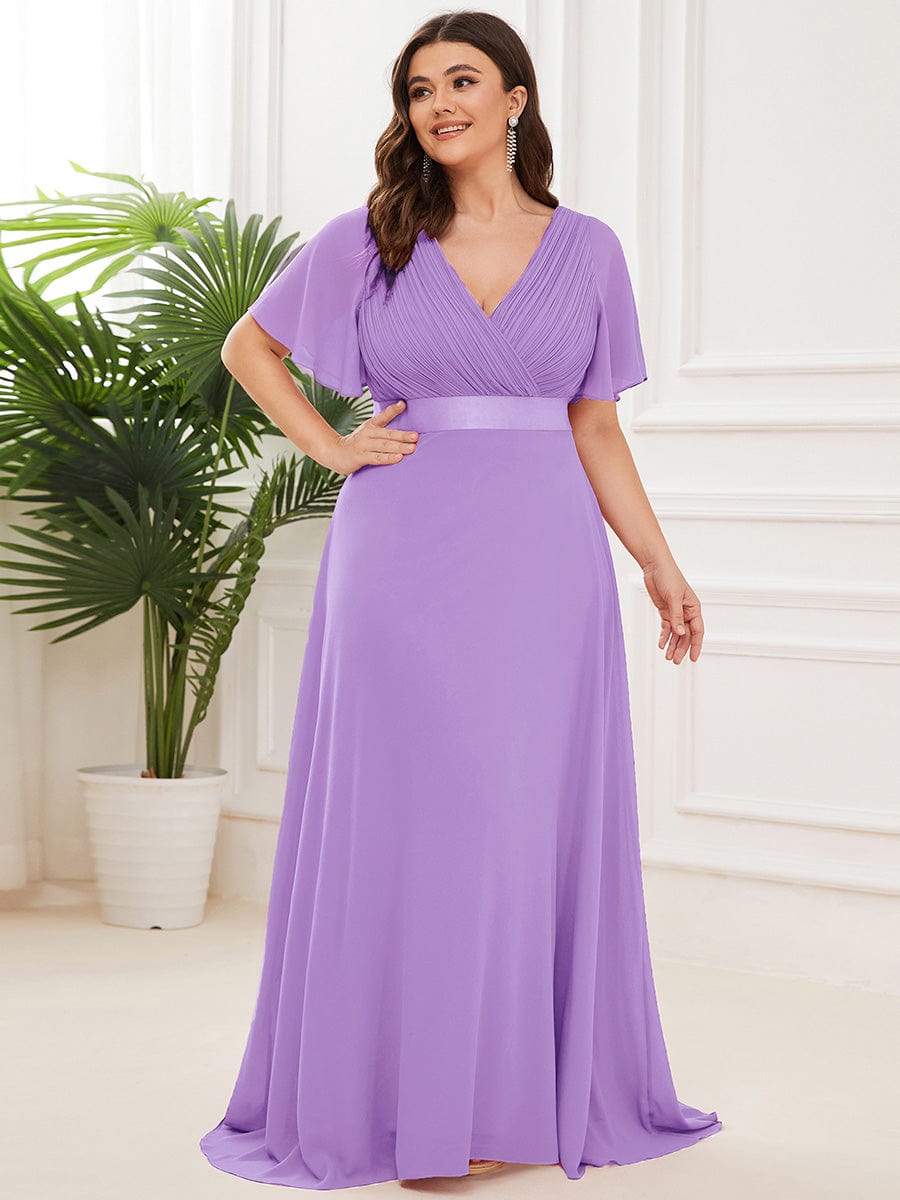 Long Empire Waist Bridesmaid Dress with Short Flutter Sleeves #color_Lavender