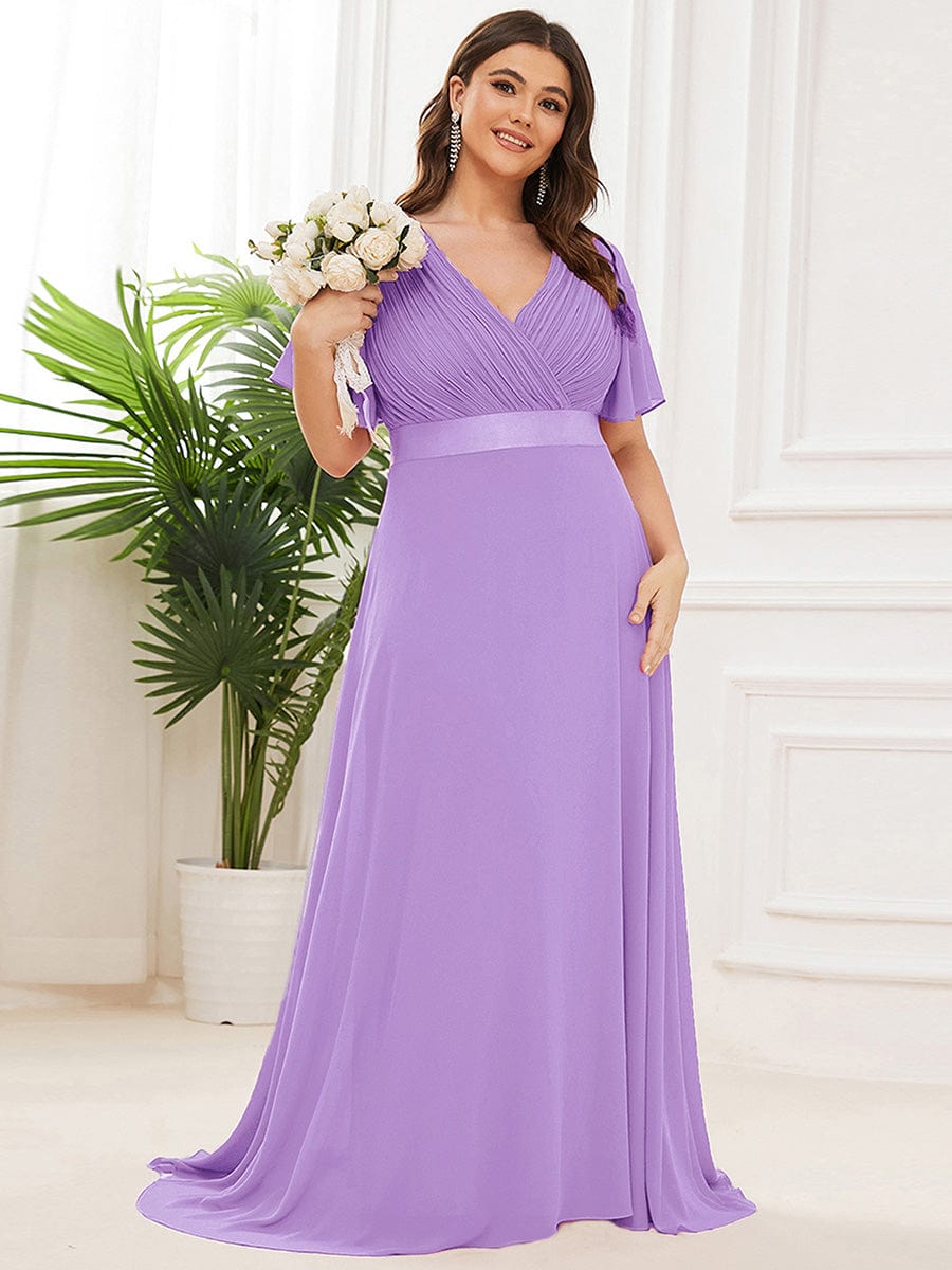 Long Empire Waist Bridesmaid Dress with Short Flutter Sleeves #color_Lavender