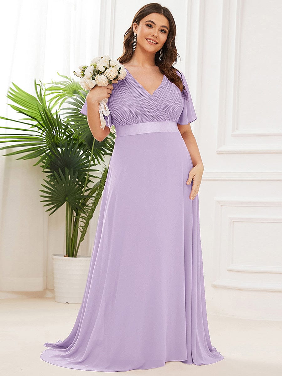 Long Empire Waist Bridesmaid Dress with Short Flutter Sleeves #color_Lavender