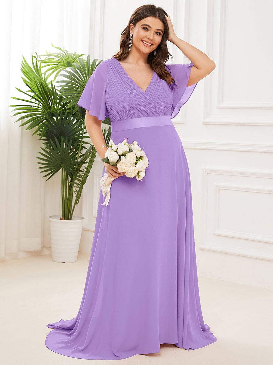 Long Empire Waist Bridesmaid Dress with Short Flutter Sleeves #color_Lavender