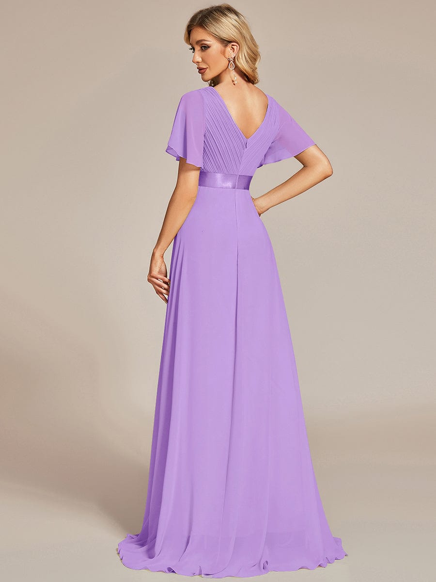 Long Empire Waist Bridesmaid Dress with Short Flutter Sleeves #color_Lavender