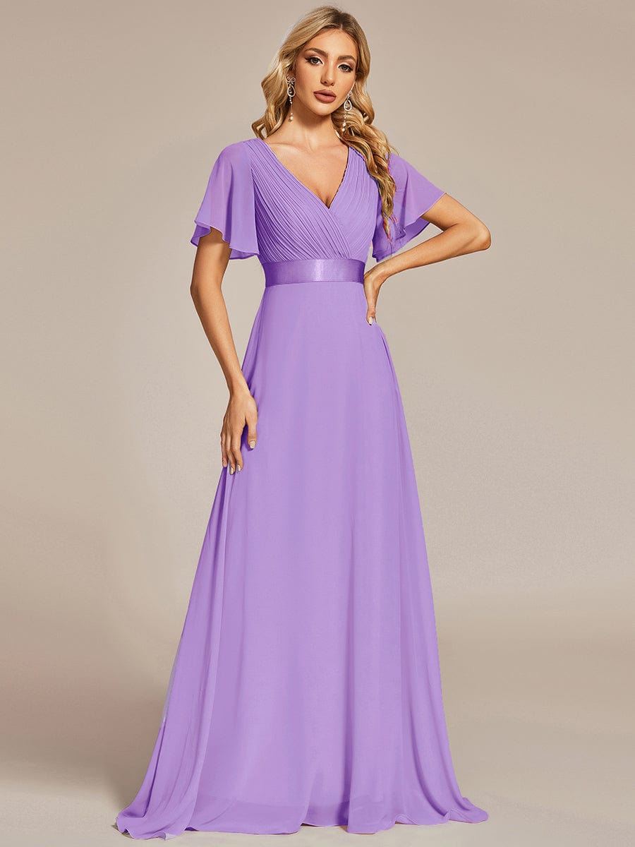 Long Empire Waist Bridesmaid Dress with Short Flutter Sleeves #color_Lavender