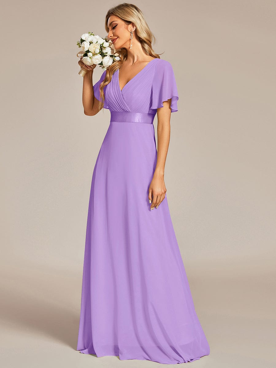 Long Empire Waist Bridesmaid Dress with Short Flutter Sleeves #color_Lavender