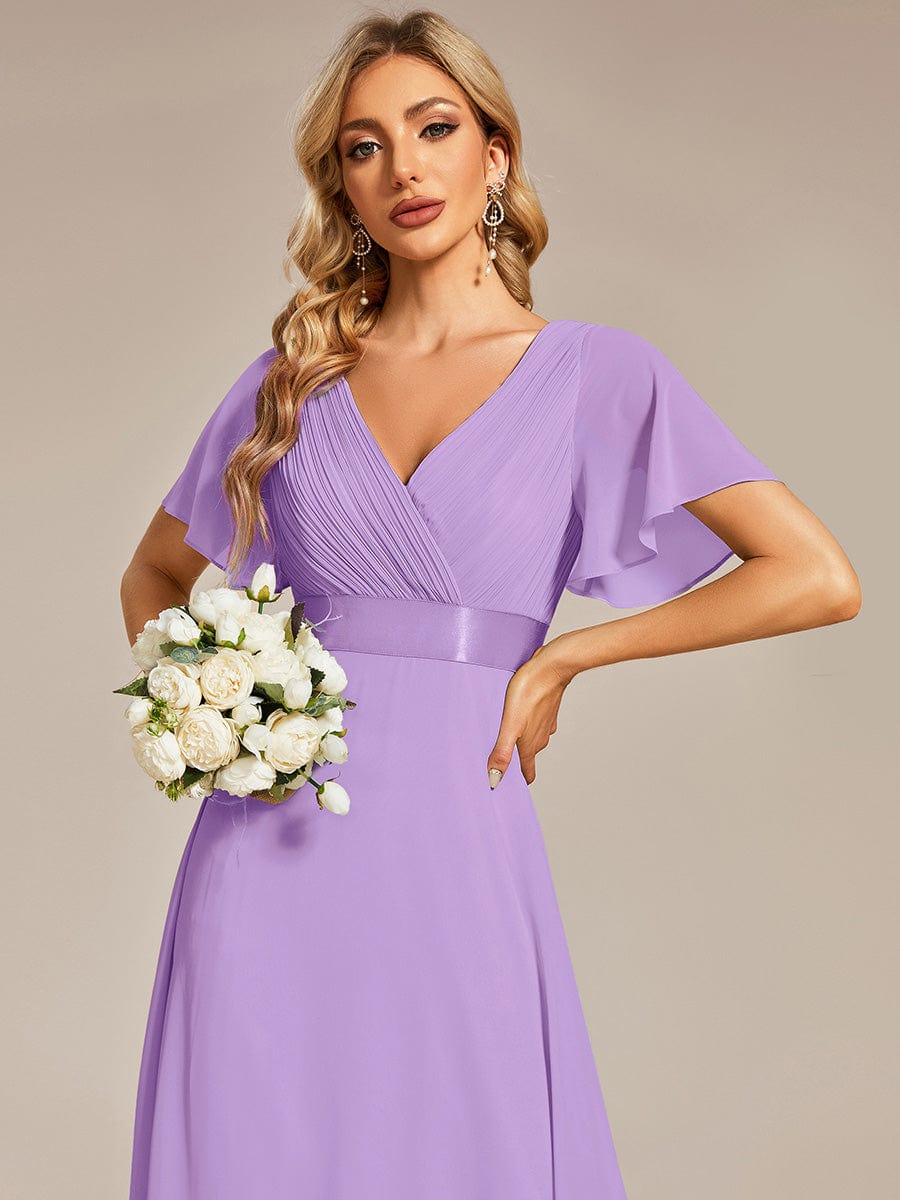 Long Empire Waist Bridesmaid Dress with Short Flutter Sleeves #color_Lavender